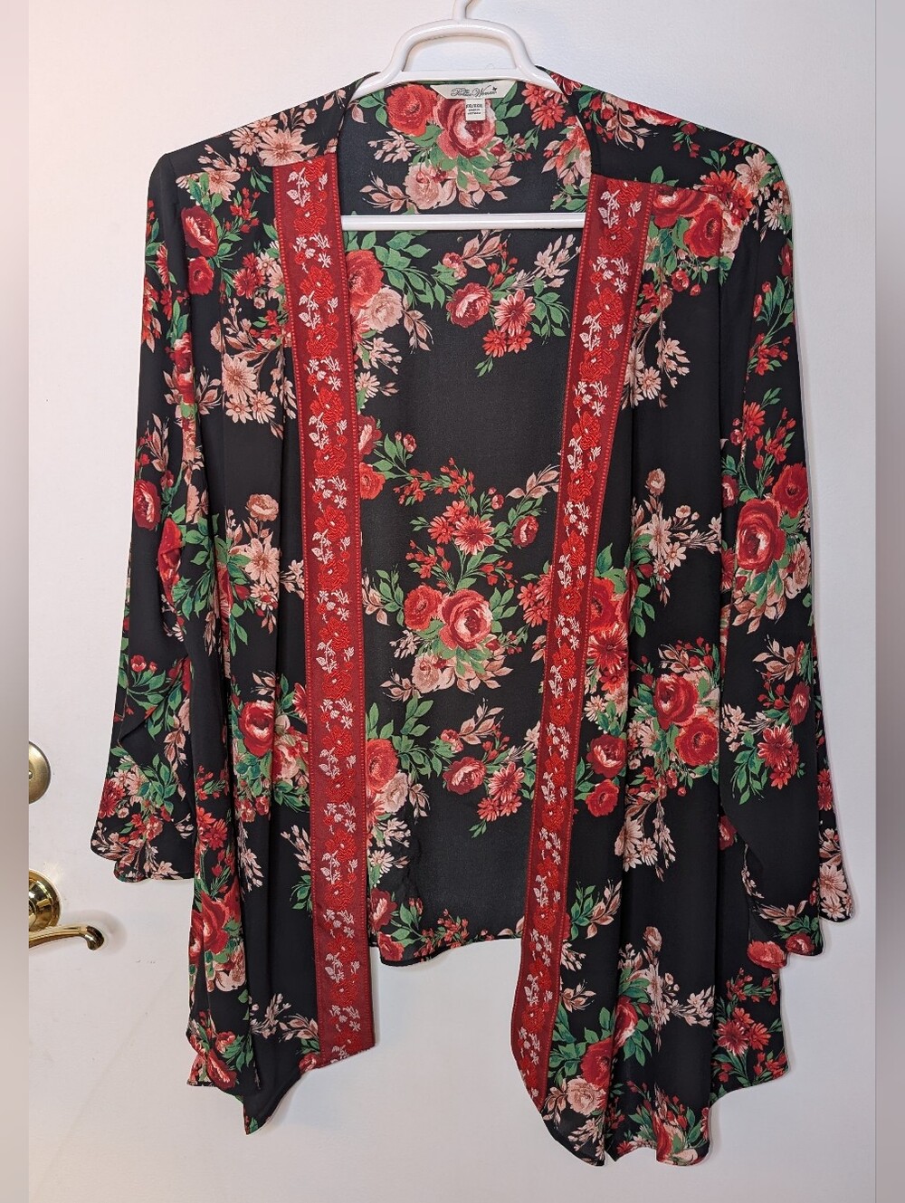 Pioneer Woman Size 3x Floral Open-Front Kimono Cardigan Black & Red Embroidered